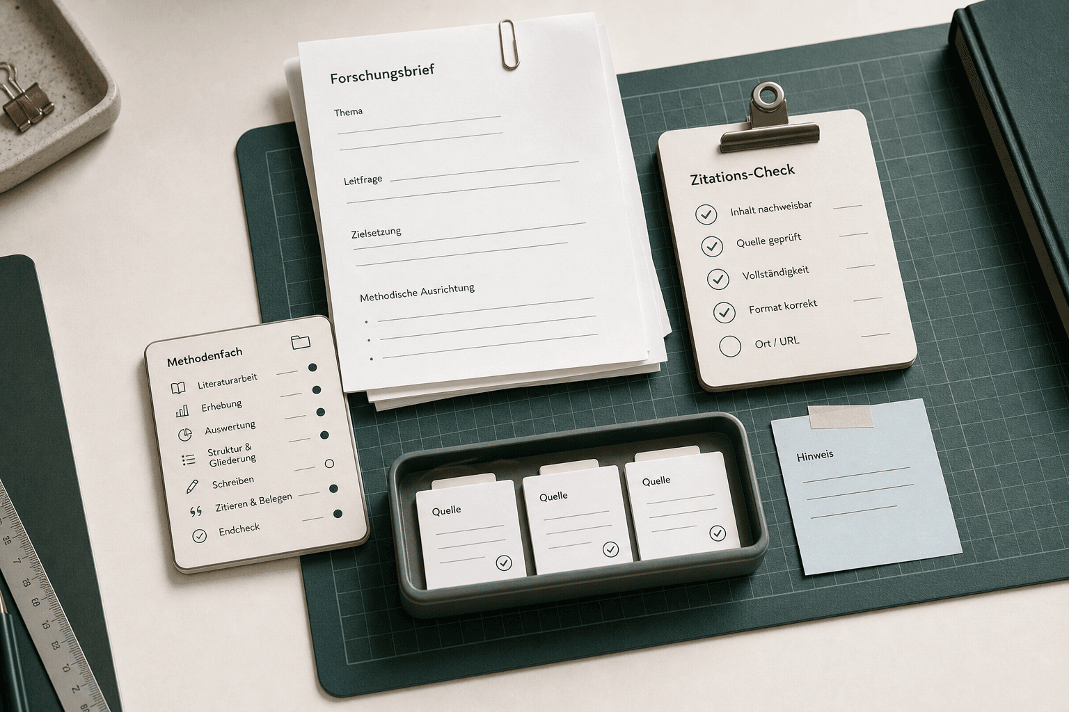 Methoden-Workspace mit Forschungsbrief, Methodenfach, Zitationscheck und Quellenkarten